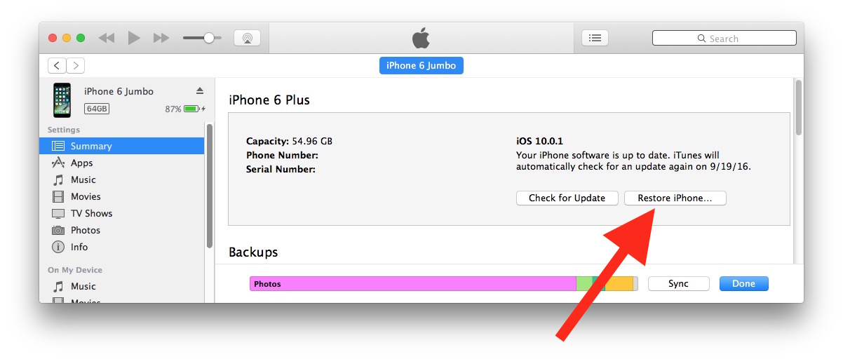 Cambiar iOS 10 con iTunes