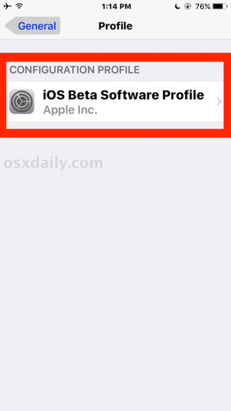 Seleccione el perfil del software beta de iOS