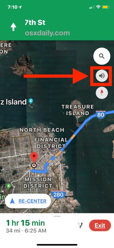 El botón de navegación por voz en Google Maps para iPhone