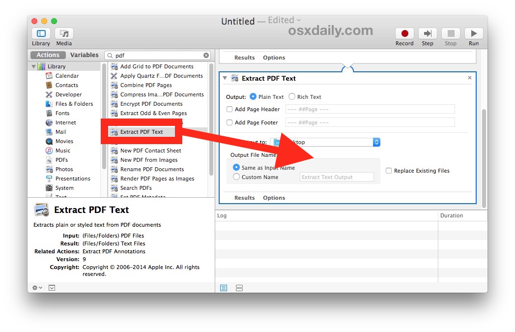 Conversión de un documento PDF a texto en Mac OS X con Automator