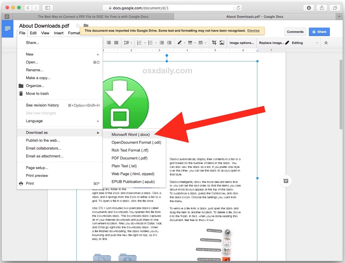 Convierta un archivo PDF a DOCX Word en Google Docs