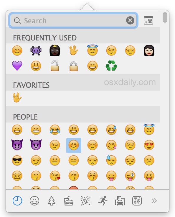 Panel de acceso rápido de tipo emoji en Mac OS X al que se accede mediante un atajo de teclado