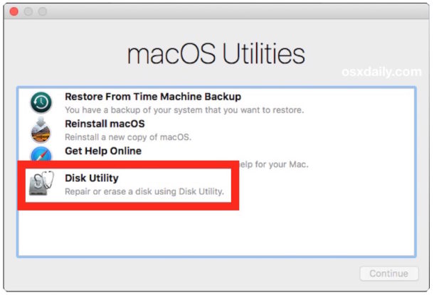 Elija Utilidad de Discos para borrar el disco duro para una instalación limpia de High Sierra macOS