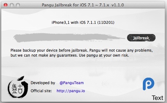 Pangu Jailbreak para iOS 7.1.1 ejecutándose en Mac OS X