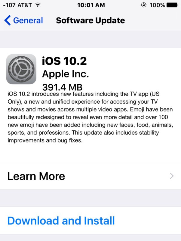 Descarga de actualización de iOS 10.2 disponible para instalar