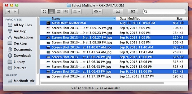 Seleccione varios archivos que no sean adyacentes en Mac OS X