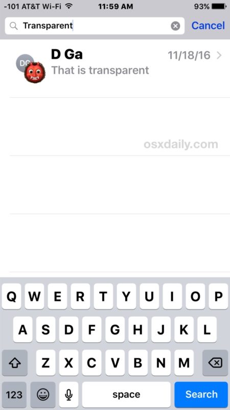Los mensajes buscados coincidentes se encuentran en la aplicación Mensajes de iOS
