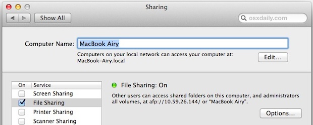 habilitar el uso compartido de archivos en Mac
