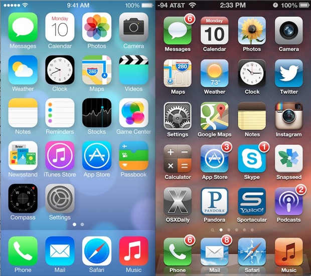 Pantallas de inicio de iOS 7 vs iOS 6