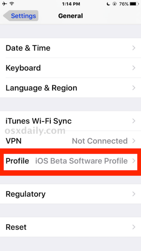 Elija Perfil para eliminar el certificado de perfil de actualización del software beta de iOS