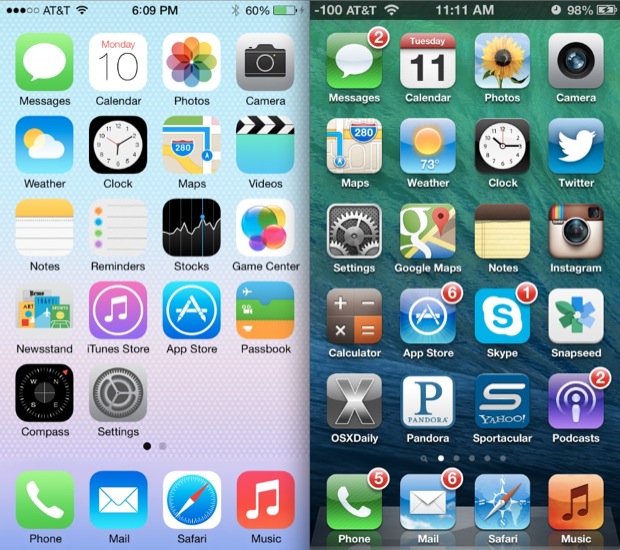 Pantallas de inicio de iOS 6 vs iOS 7