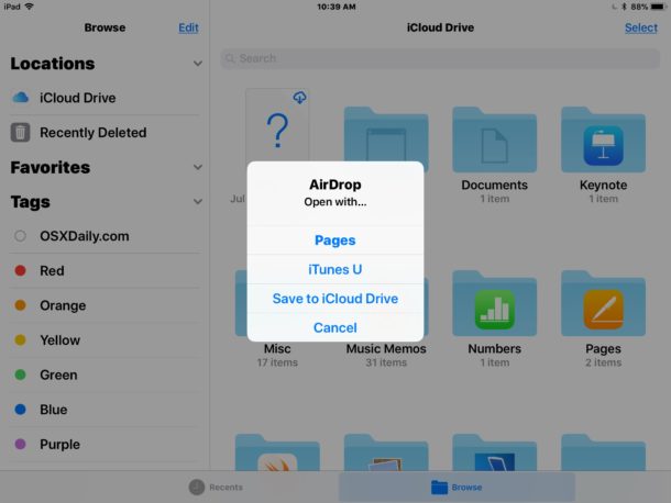 Recibir archivos AirDrop de Mac a iPad y iPhone como archivos