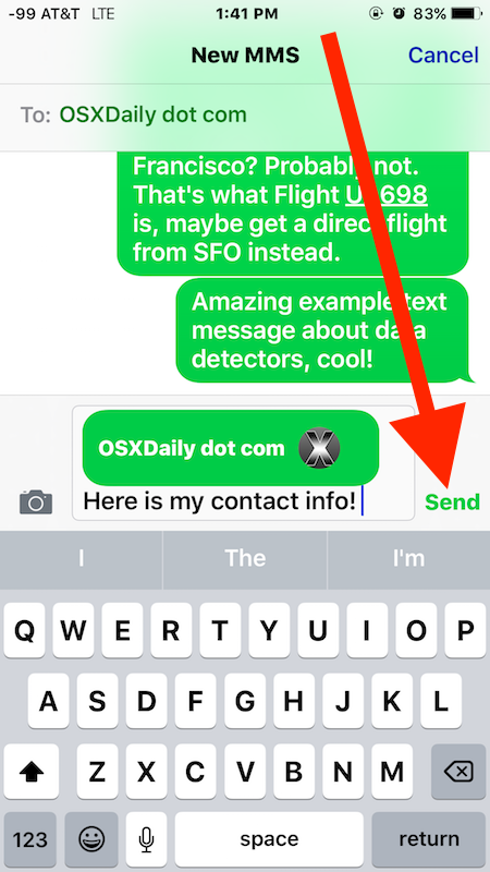 Ejemplo de envío de información de contacto VCF desde iPhone