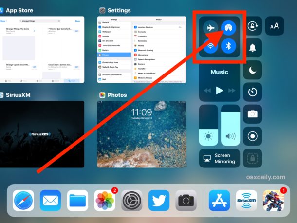 AirDrop visible en el Centro de control para iPad en iOS 11