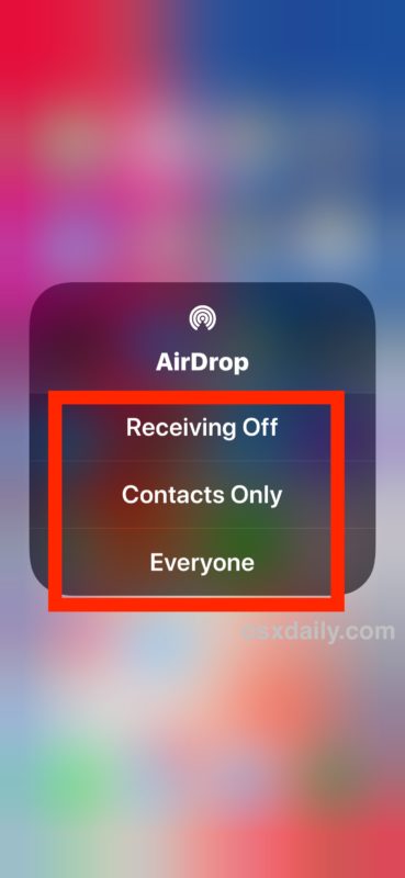 Elija su configuración de AirDrop en el Centro de control de iOS 13