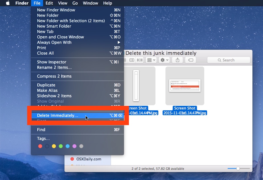 Elimine inmediatamente en Mac OS X Finder y omita la Papelera