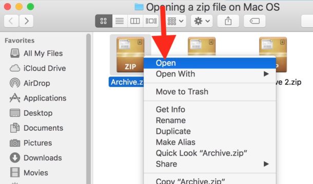 Haga clic derecho y elija Abrir en un archivo Zip para abrirlo en Mac OS