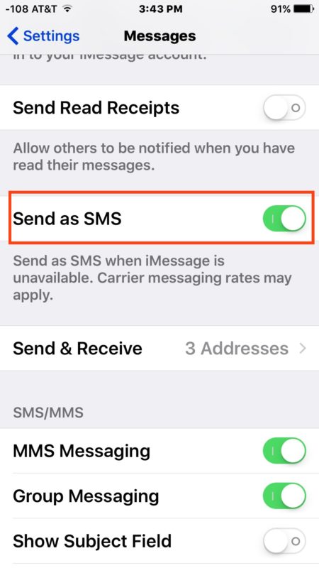 Alternar Enviar como SMS para habilitarlo en iPhone