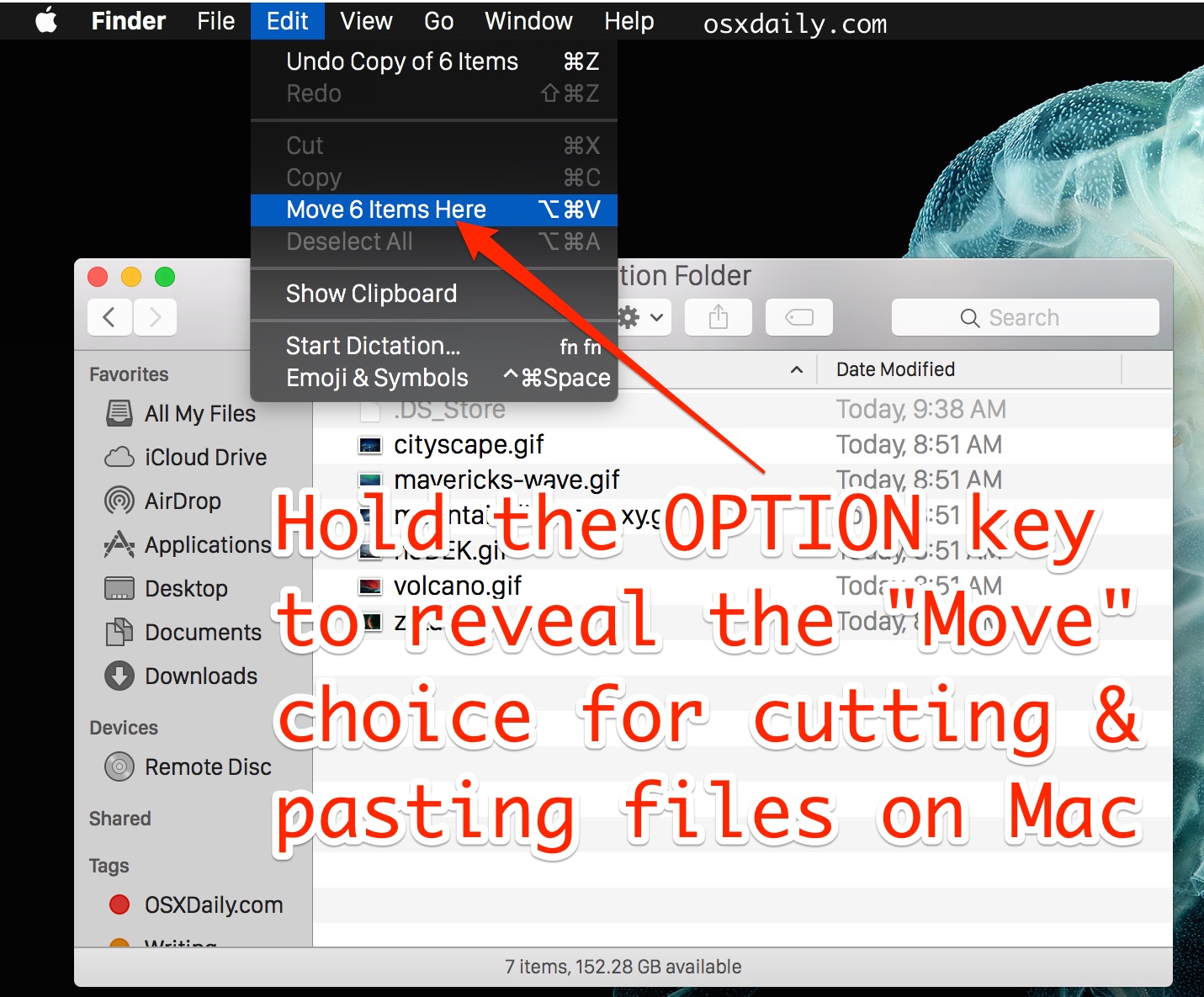 Cortar y pegar archivos en Mac OS X con la opción de modificador Mover