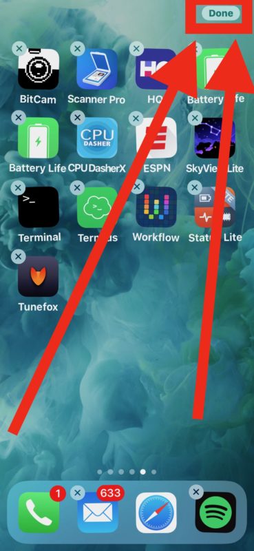 Toca el botón "Listo" para evitar que los iconos del iPhone X se muevan.
