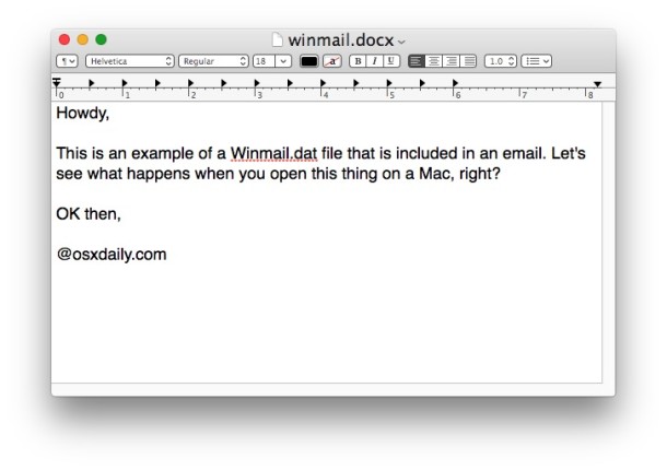Un archivo adjunto Winmail.dat abierto en Mac OS X
