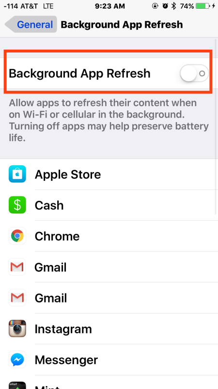 Deshabilite la actualización de la aplicación en segundo plano para ayudar a conservar los datos móviles en el iPhone