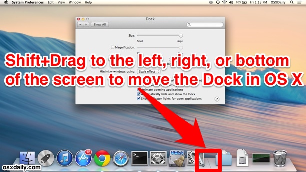 Mayús y arrastre para mover el Dock en la pantalla en Mac OS X