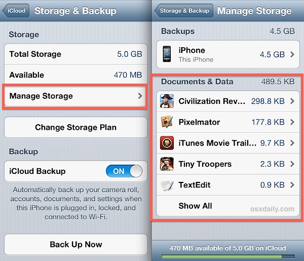 Ver qué aplicaciones tienen documentos almacenados en iCloud desde iOS