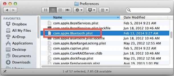 Eliminar el archivo plist de preferencias de Bluetooth