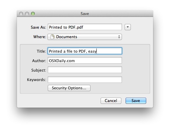 Imprima un archivo como PDF, especifique las opciones del documento PDF si es necesario