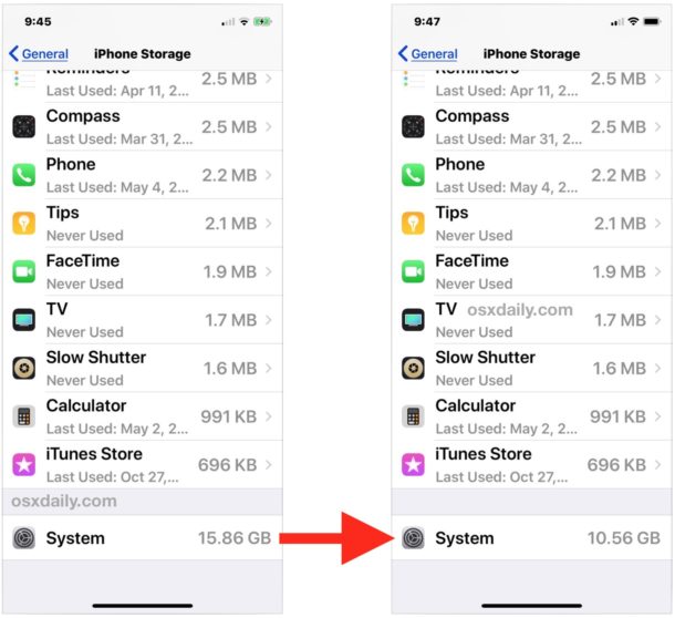 Reducción del tamaño de almacenamiento del sistema grande en iPhone o iPad