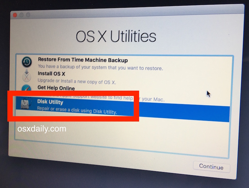 2- Seleccione Utilidad de Discos en la pantalla de Utilidades de OS X