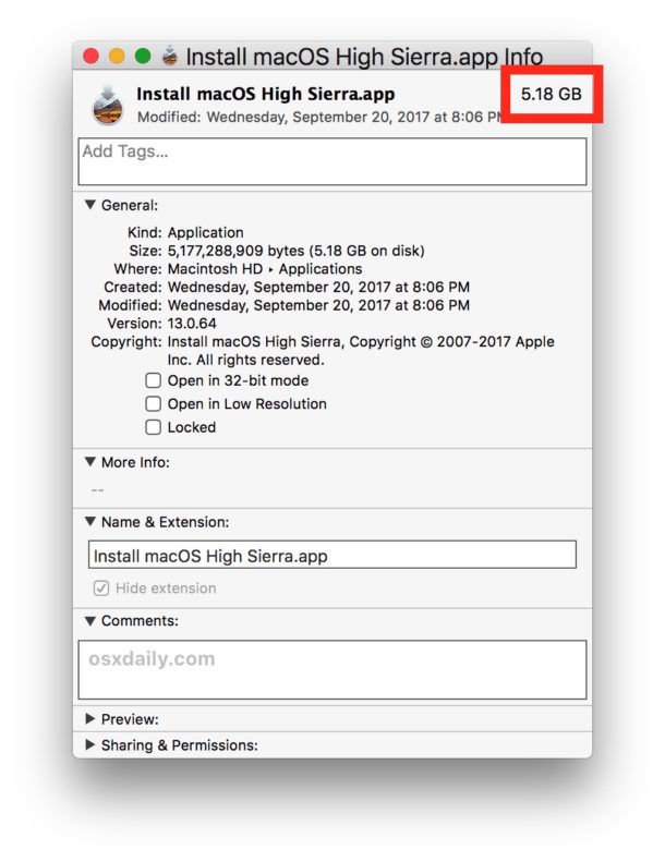 El instalador completo de macOS High Sierra descargado