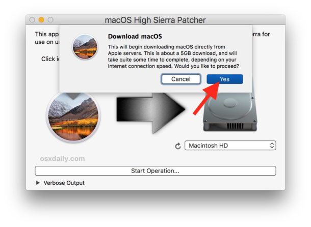 Confirme para descargar el instalador completo de macOS High Sierra