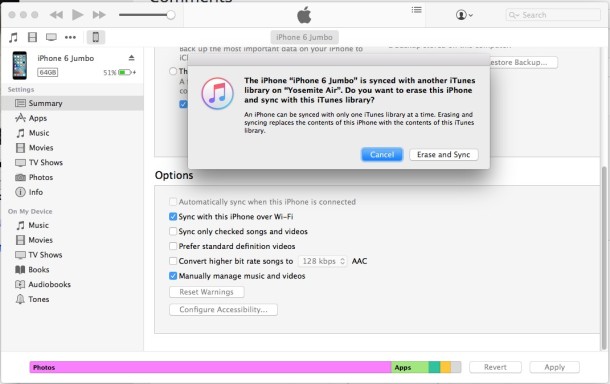 Borre el iPhone y sincronícelo con la biblioteca de iTunes o no con el mensaje de iTunes