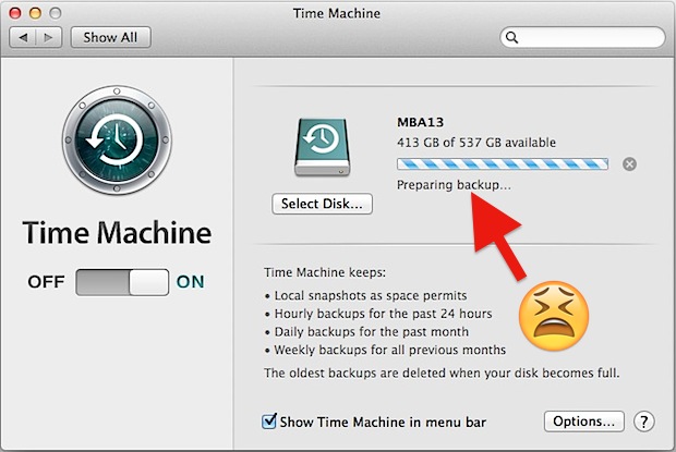 Time Machine se atasca en la preparación de la copia de seguridad