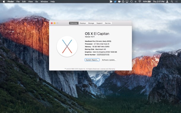 Captura de pantalla de OS X El Capitan 10.11 de Acerca de esta Mac