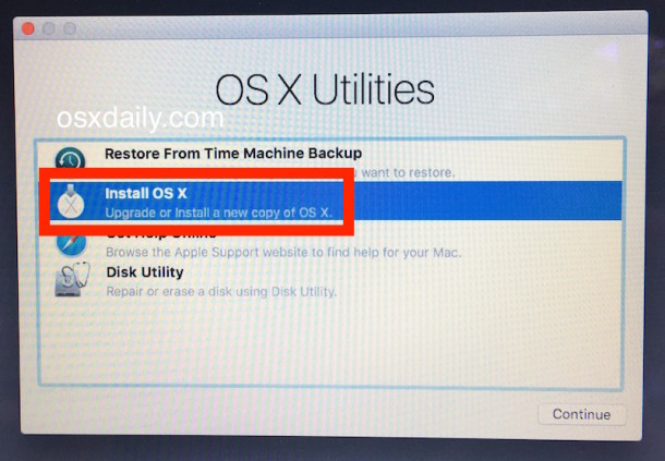 Elija instalar OS X El Capitan desde el menú de utilidades de OS X