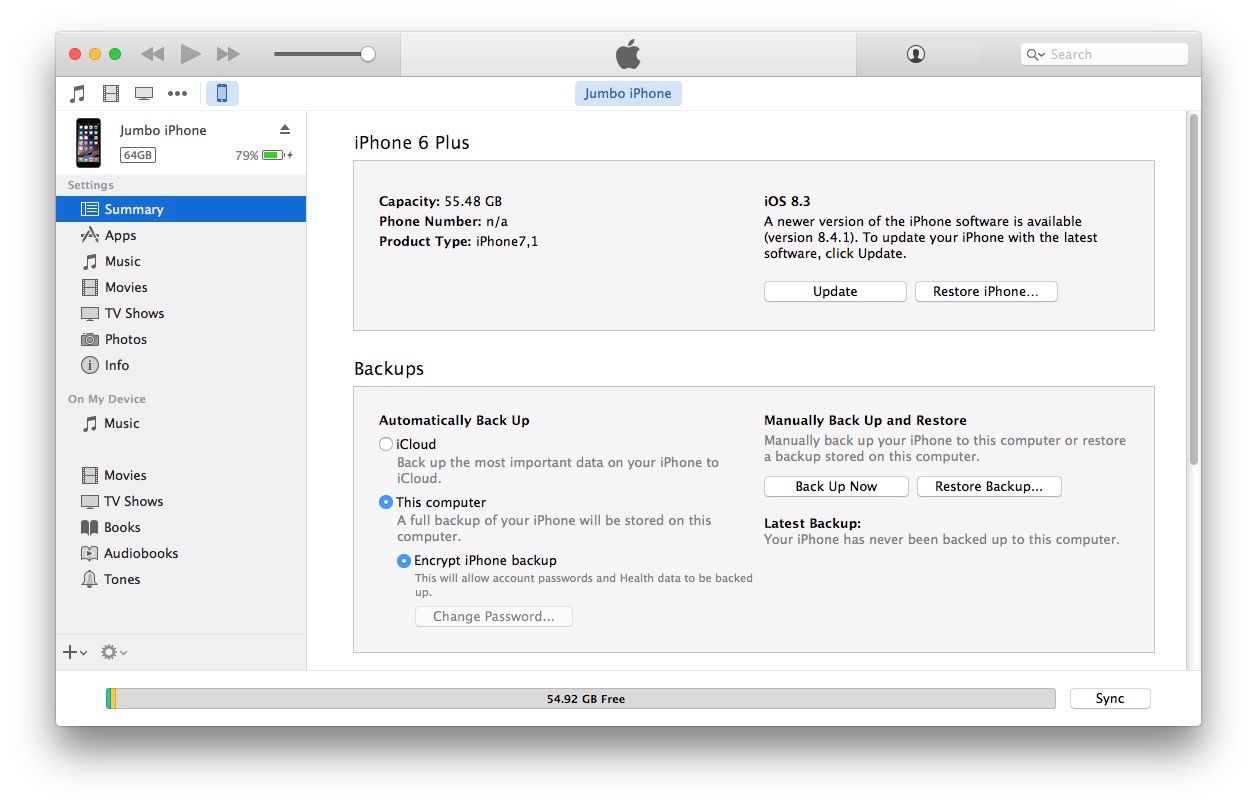 Opción de iTunes, haga clic en el botón Actualizar para actualizar el firmware manualmente