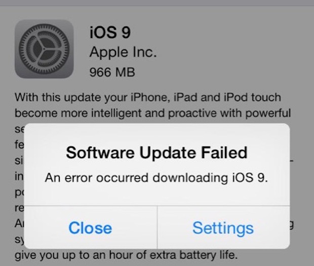 Error de actualización de software al descargar iOS 9