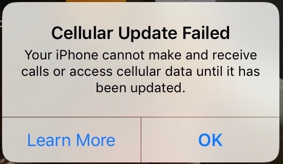 Alerta de error de actualización celular de iPhone sin servicio celular fallado