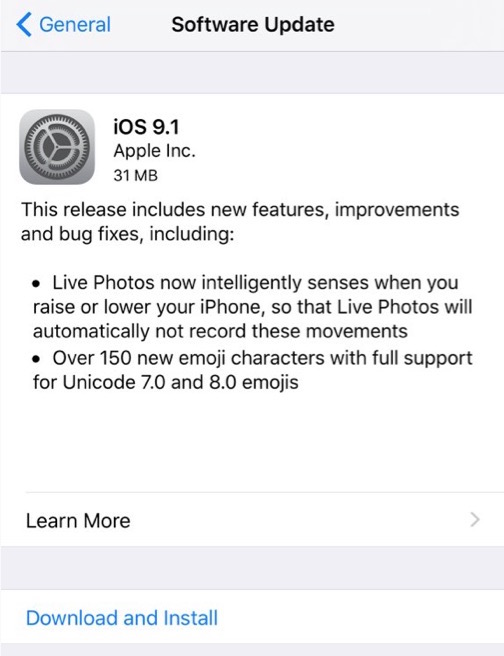 Descarga de actualización de iOS 9.1