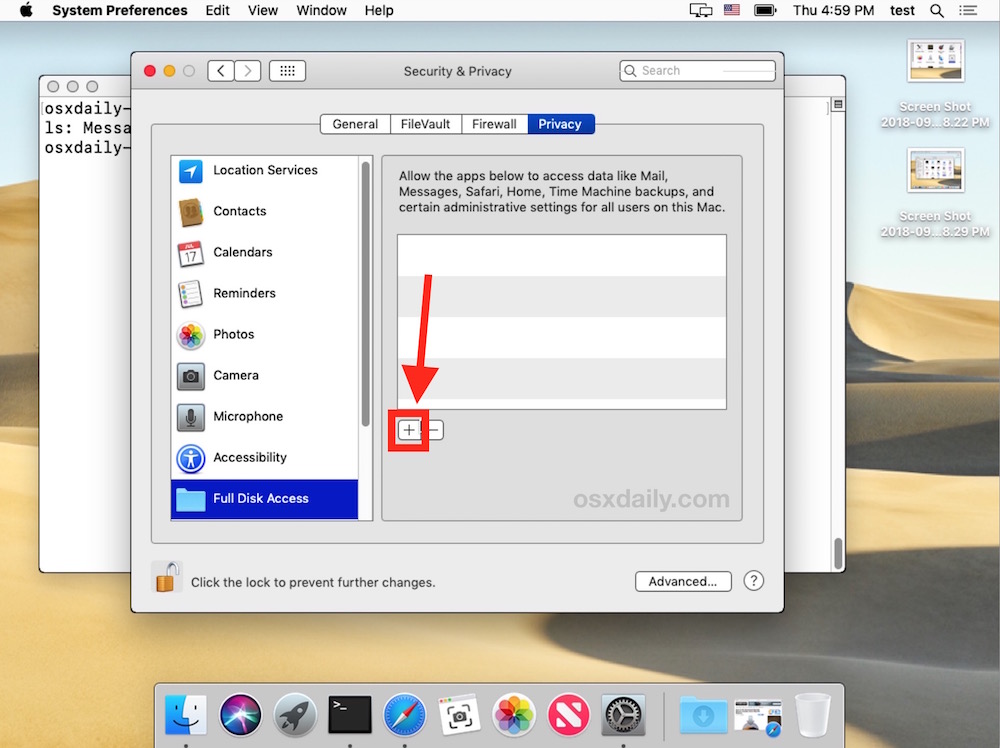 Haga clic en el botón Más para agregar Terminal a Full Disk Access en macOS