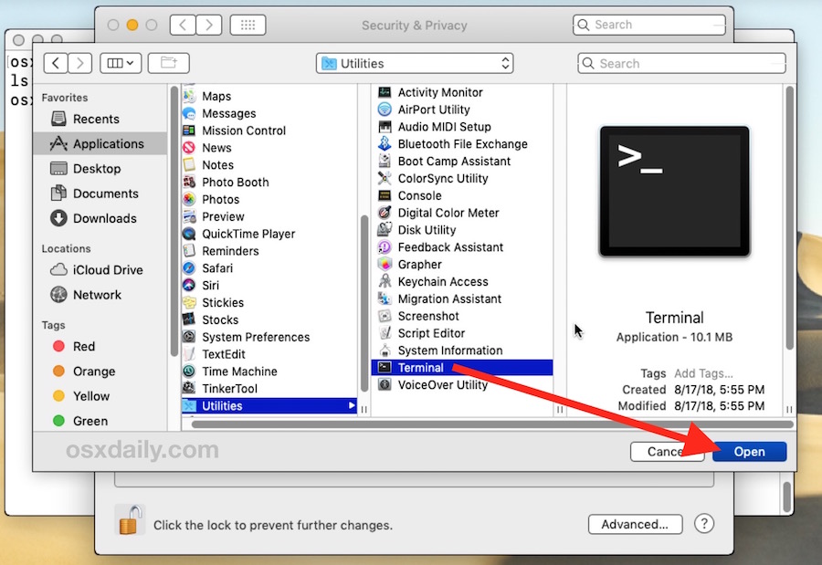 seleccione la aplicación Terminal para otorgar acceso completo al disco en MacOS
