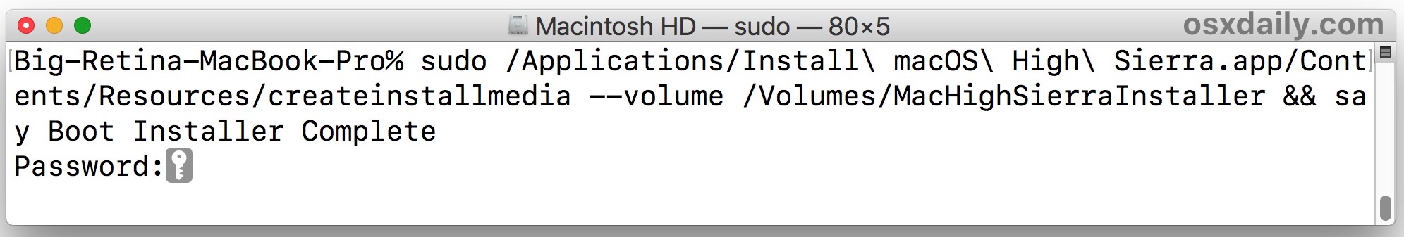 sintaxis de comandos para crear el instalador de arranque de macOS High Sierra