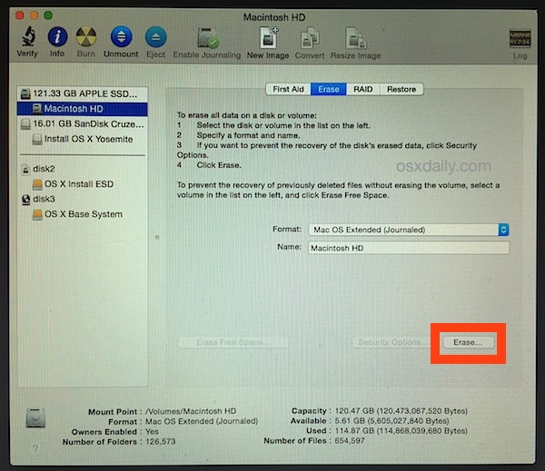 Formatee la unidad de destino para una instalación limpia de OS X 10.10