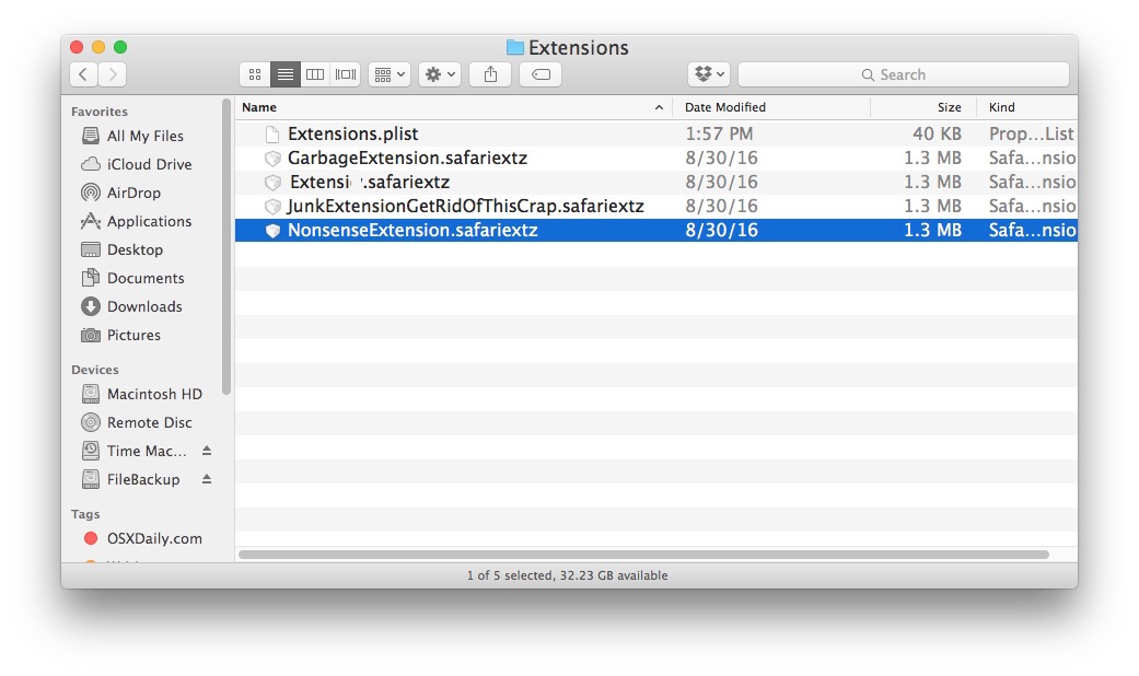 Eliminar las extensiones de Safari de la ubicación de las extensiones de Safari en Mac