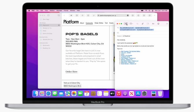 Apple MacBook Pro que muestra Safari con pestañas de grupo y un correo electrónico abierto que muestra compartir un conjunto de pestañas de grupo