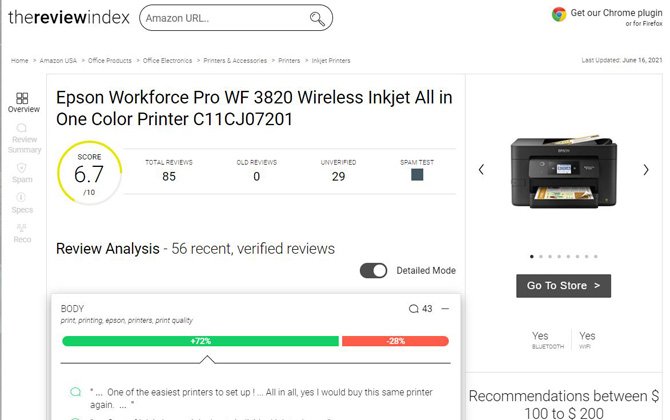 La página de índice de revisión de la impresora multifunción Epson Workforce Pro WF 3820.  Muestra un puntaje de calidad de reseña de 6.7 sobre 10, número de reseñas no verificadas y una cita de una reseña verificada en Amazon.