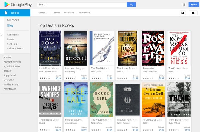 Captura de pantalla de Google Play Books que muestra las mejores ofertas en libros (Lock Down Abbey, Innocent, The Field Guide to Dumb Birds of North America, The Judas Strain, Rosewater, The Knife of Never Letting Go, The Seconds Deadly Sin, Free Fall, House Girl, Star Wars The Jedi Path, Todas las criaturas grandes y pequeñas, Think Black) 